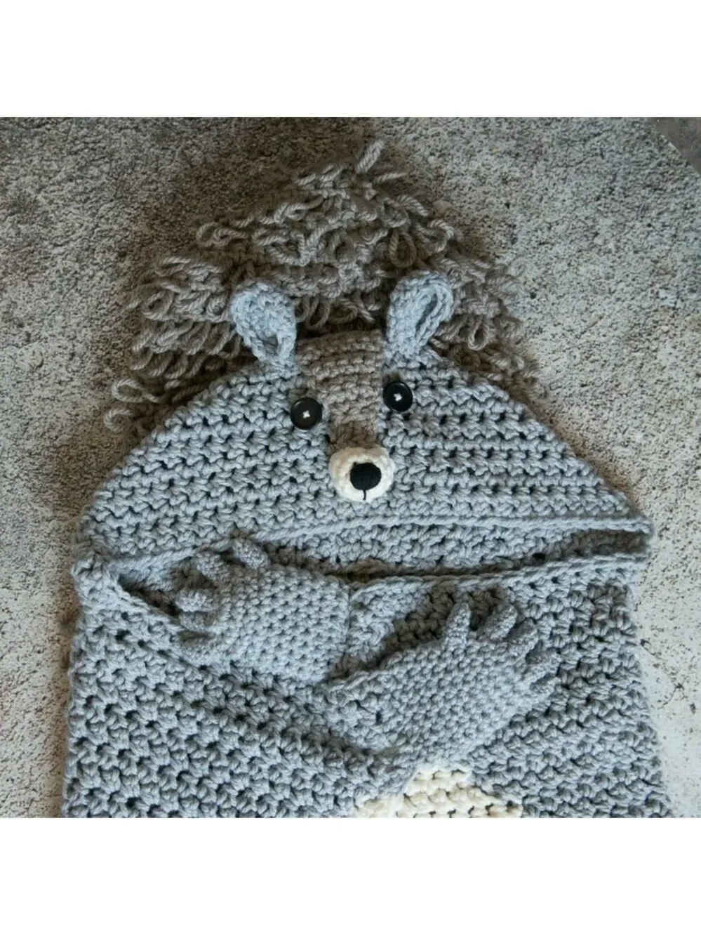 HAND MADE Kids Crochet Animal Squirrel Hooded Blanket Grey Black White Tan